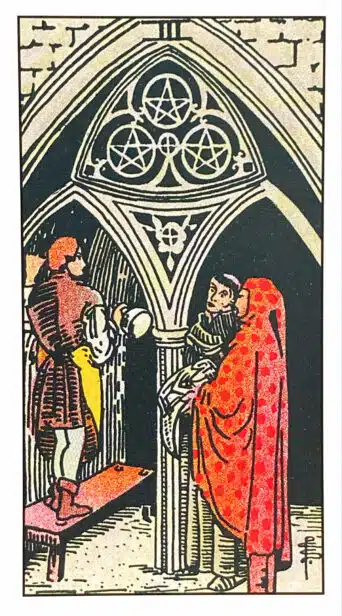 Trois de Deniers - Tarot Rider Waite