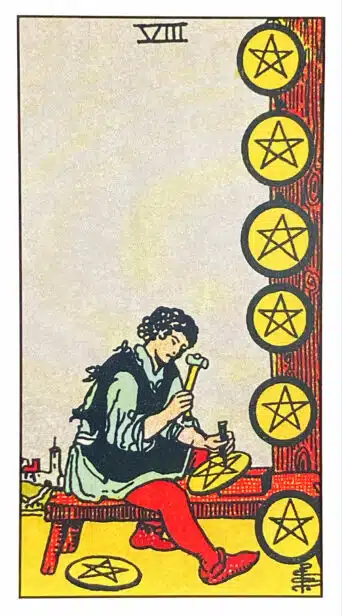 Huit de Deniers - Tarot Rider Waite